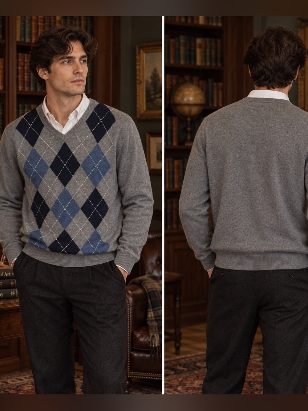 Chatham Road Men’s L Argyle Sweater Cotton Cashmere V Neck Gray Blue Academia